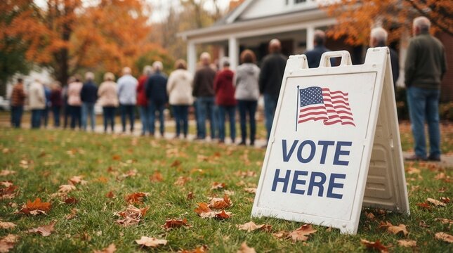 A sign with the American flag indicates a voting location where citizens participate in a democratic election.