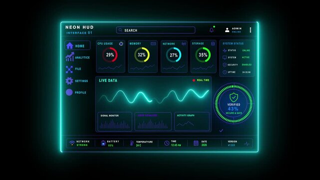 Futuristic AI HUD Dashboard Interface with Neon Data Visualization and Digital Technology Control Panel