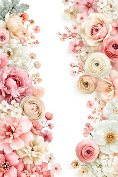Luxury Watercolor Floral Frame with Peonies, Garden Roses and Blush Botanical Flowers