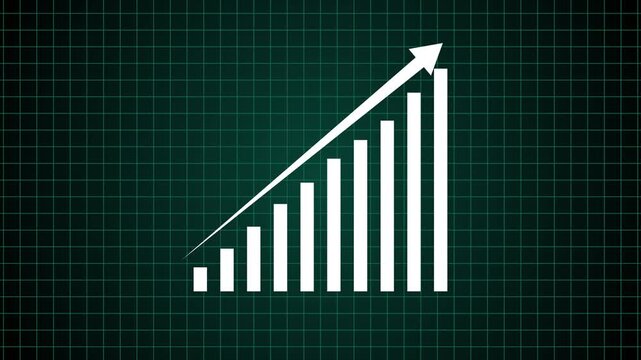 Modern digital business analytics featuring an upward-trending bar chart with a dynamic growth arrow and subtle dotted performance line, representing increasing revenue, financial prosperity, data-dri