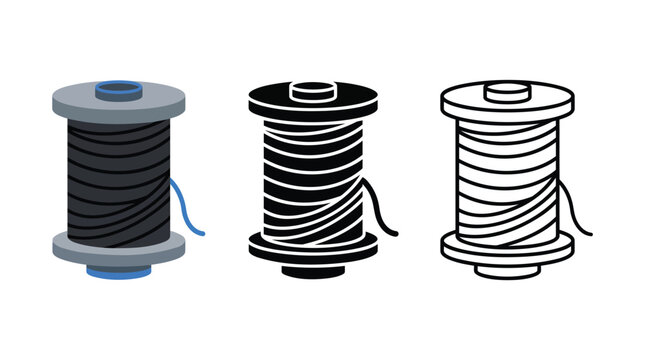 Sewing thread spool icon set featuring colorful flat solid and outline vector style design.