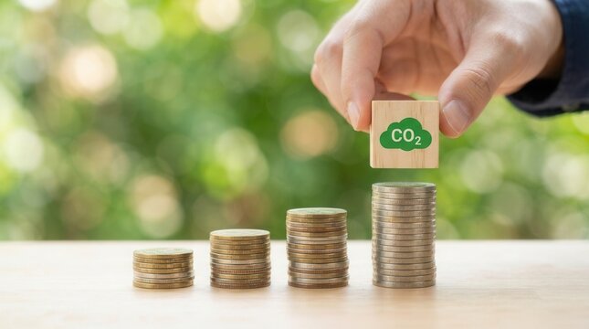 Concept of climate change impact on economy and global business showing a CO2 wooden block on coin stacks.