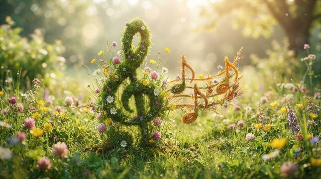 In a sunny meadow, musical notes and a green treble clef grow, crafted from grass and flowers.