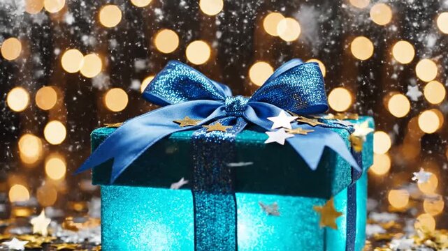 Glowing blue gift box with festive lights and confetti