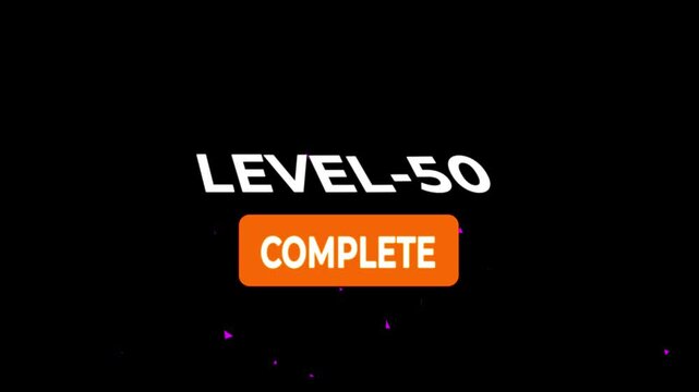 Level -50 text font animation. Level Up text sign. letters spelling out level Up appear on black background.