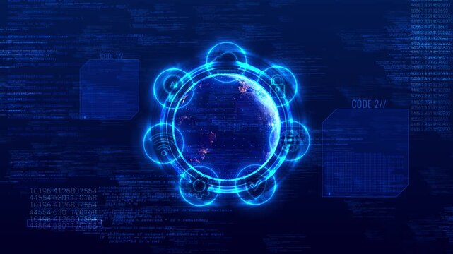 Futuristic globe code interface visual blue HUD rings, security icons, glowing panels, global data graphics. Perfect for network reports, software demos, AI presentations, and motion graphics.