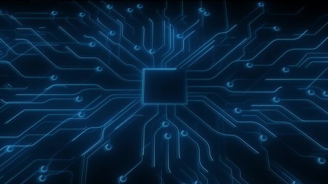 Processor circuit board tech visual cyan glowing traces, central chip shape, and dark electronic network layout. computing videos, AI concepts, hardware promos, data systems, motion graphics.
