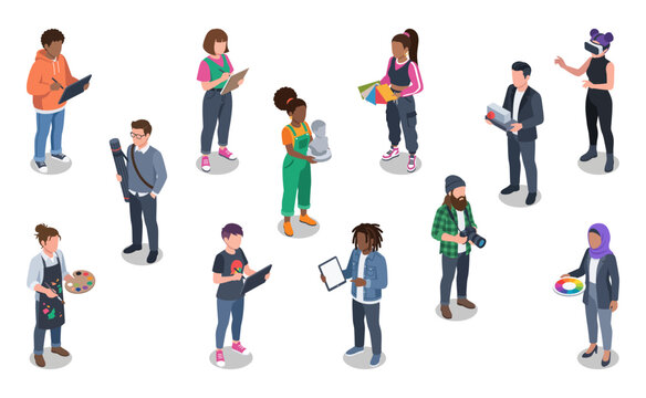 Creative professionals vector set with artist, designer, photographer and digital creators | Isometric illustration graphics