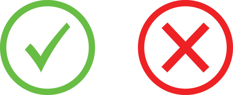 Green check mark and red cross mark symbols for choice and decision making isolated on a white background