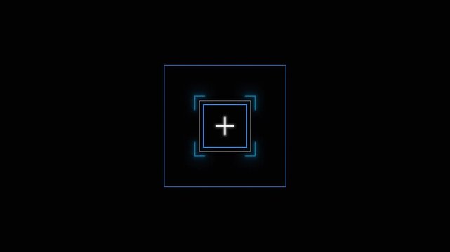 Glowing plus icon UI visual layered blue squares, bright add symbol, clean black copy space. mobile app clips, interface prompts, software actions, dashboard controls, title inserts, futuristic motion