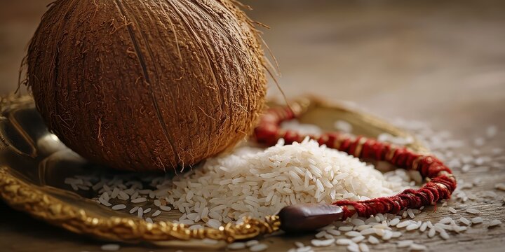 Raksha bandhan themed coconut with red sacred thread and rice on a brass plate for hindu ritual raksha bandhan, raksha bandhan image