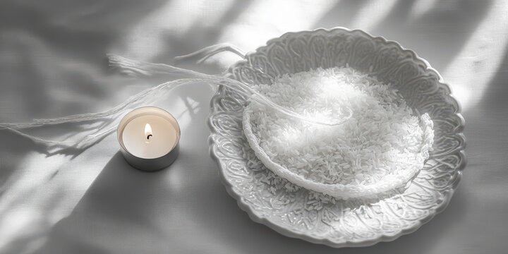 Raksha bandhan themed a lit tea light candle and a bowl of white rice with a decorative string raksha bandhan, raksha bandhan image