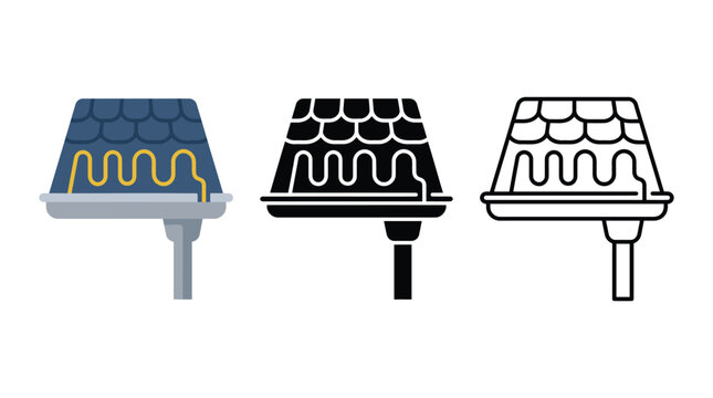 Roof gutter system icons showing drainage with heating cables for winter ice protection.