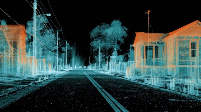 LiDAR 3D Point Cloud Scan of Residential Street at Night