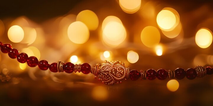 Raksha bandhan themed traditional indian rakhi bracelet with intricate gold design and red thread raksha bandhan, raksha bandhan image