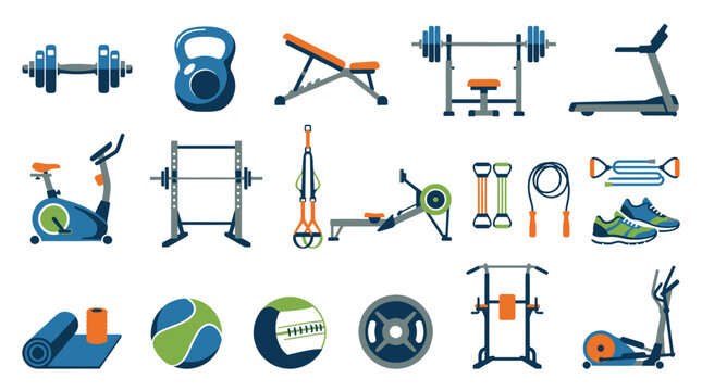 Flat Vector Illustration Set of Gym Equipment and Fitness Gear for Workout and Sport Training