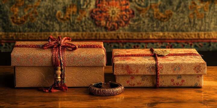 Raksha bandhan themed two rustic gift boxes wrapped in textured brown paper with twine raksha bandhan, raksha bandhan image