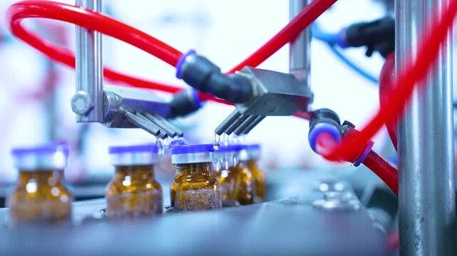 vials factory of powder injections. liquid medical drug filling glass vials rotating for packaging in an injection production line in a pharmaceutical manufacturing company medicine making process