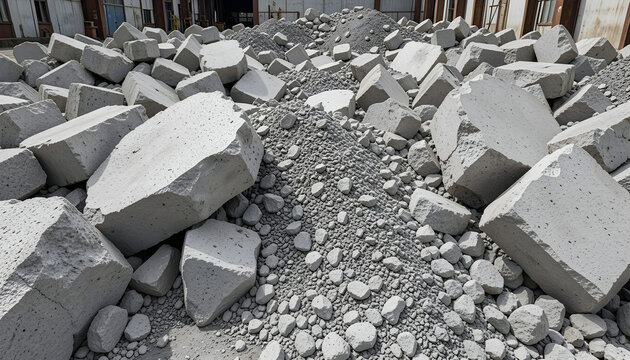 Pile of broken concrete blocks. Debris from a demolished building site.