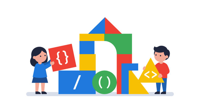 Flat vector illustration of a young boy and girl building a structure with colorful geometric blocks featuring programming symbols like curly braces, angle brackets, and slashes.