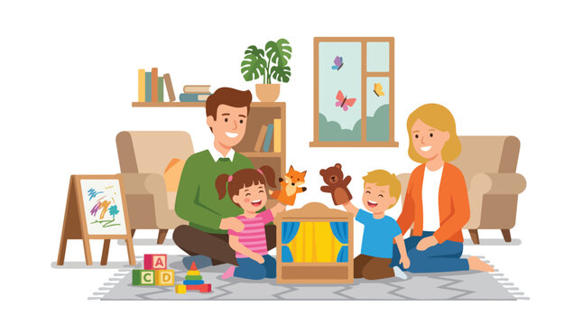 A happy family of four is enjoying quality time together playing with hand puppets and a toy theater in their cozy living room.