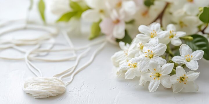 Raksha bandhan themed delicate white jasmine flowers with green leaves and thread isolated on white background raksha bandhan, raksha bandhan image