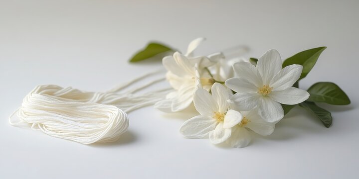 Raksha bandhan themed delicate white jasmine flowers with green leaves and thread isolated on white background raksha bandhan, raksha bandhan image