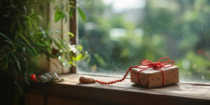 Raksha bandhan themed gift box and rakhi on a wooden windowsill with blurred garden background raksha bandhan, raksha bandhan image