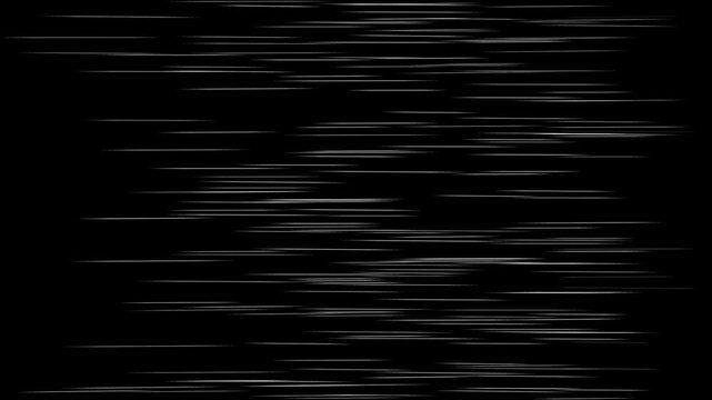 Fast horizontal white speed lines moving on a black background
