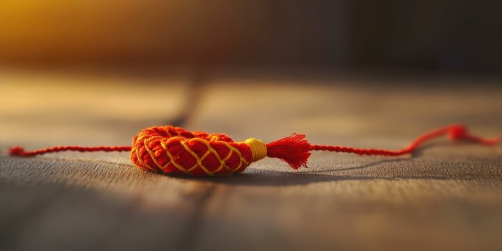 Raksha bandhan themed red braided bracelet with a yellow knot and tassel on a wooden background raksha bandhan, raksha bandhan image
