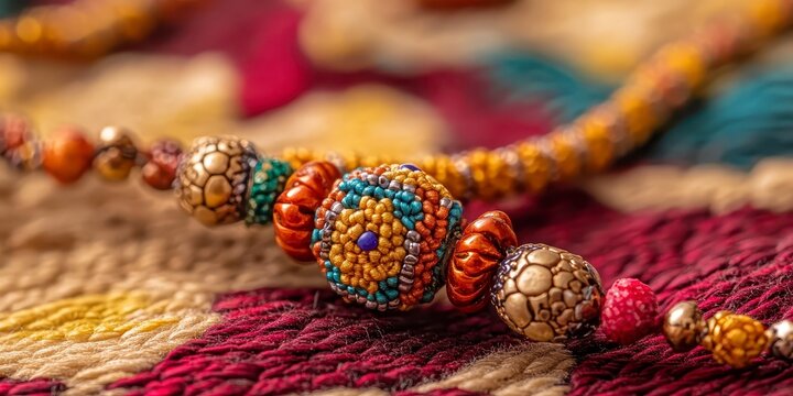Raksha bandhan themed closeup of an intricate handmade beaded necklace on a textured fabric raksha bandhan, raksha bandhan image