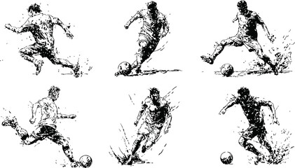 Obraz premium soccer players kicking and running dynamic black ink splatter silhouettes set