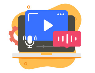 Fototapeta na wymiar Video editing laptop computer software on screen modern vector illustration, media editor player for podcast creating, vlogging concept image clip art