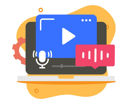 Video editing laptop computer software on screen modern vector illustration, media editor player for podcast creating, vlogging concept image clip art