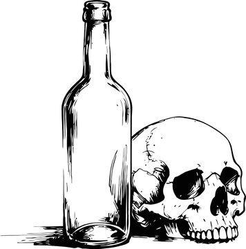 Vintage illustration of a human skull and glass bottle with detailed shading and line art
