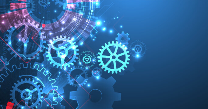 Abstract scientific background with mechanical gears cogs and glowing geometric circles