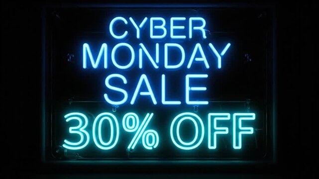 Glowing blue neon Cyber Monday sale 30 percent off sign