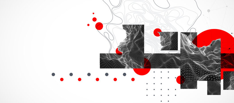 Abstract wireframe graphic background with red circles black geometric shapes and wave lines. Vector