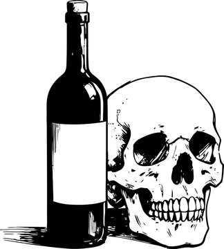 Human skull with wine bottle black and white vintage illustration of anatomical skull and glass bottle with cork