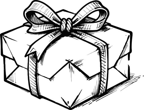 Gift box with ribbon and bow hand drawn present wrapped for celebration, holiday or special occasion