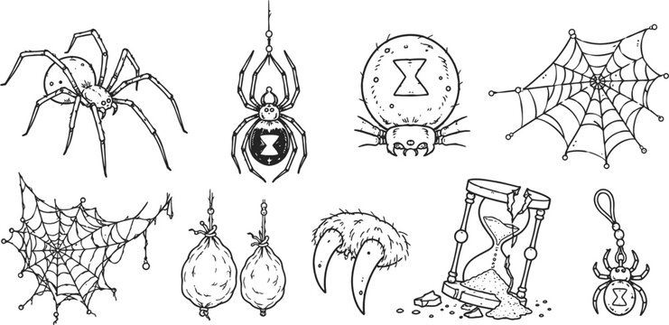 hand drawn spooky halloween elements black spider, spider web, hourglass, claws and creepy themed doodles collection
