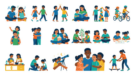 Fototapeta premium Diverse Family and Children Activities Flat Vector Illustrations