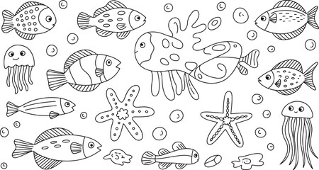 Underwater sea life coloring book page set with cartoon fish, starfish, and jellyfish outlines © Purnima