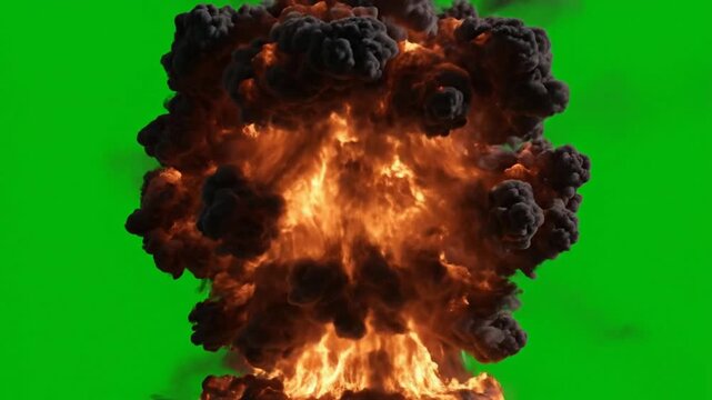 Massive fire explosion with thick black smoke isolated on green screen for vfx compositing and action special effects
