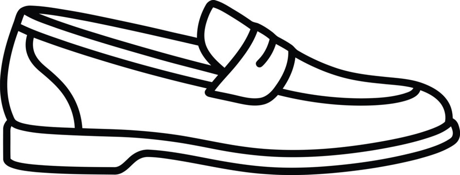Classic leather loafer icon, minimalist black outline slip-on shoe vector, elegant mens formal footwear illustration for fashion retail