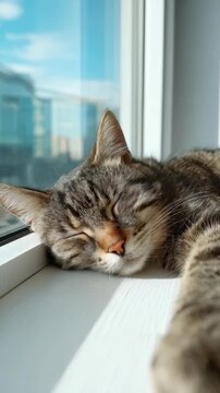 A cute tabby cat enjoys a restful nap on a bright windowsill, illuminated by natural sunlight. The serene atmosphere highlights comfort, calmness, and the beauty of everyday life with pets