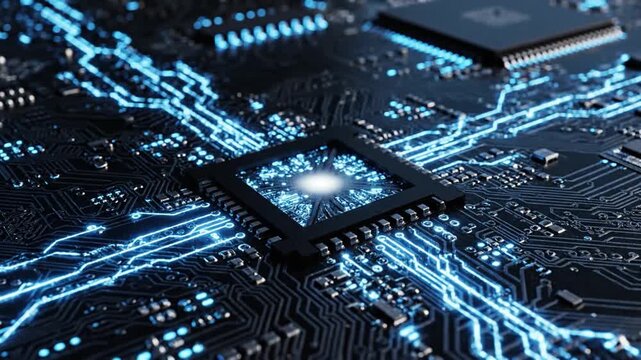 Glowing blue light exploding from a digital circuit board
