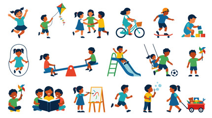 Fototapeta premium Children Playing Outdoors Activities Diverse Kids Fun Flat Vector Illustration