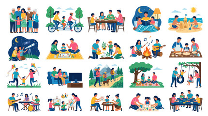 Fototapeta premium Family Activities Vector Icons Set: Diverse People Enjoying Togetherness Flat Style
