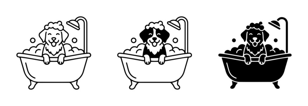 Dog Bath Icons, Pet Grooming Vector Set, Canine Hygiene Bathtub Illustrations